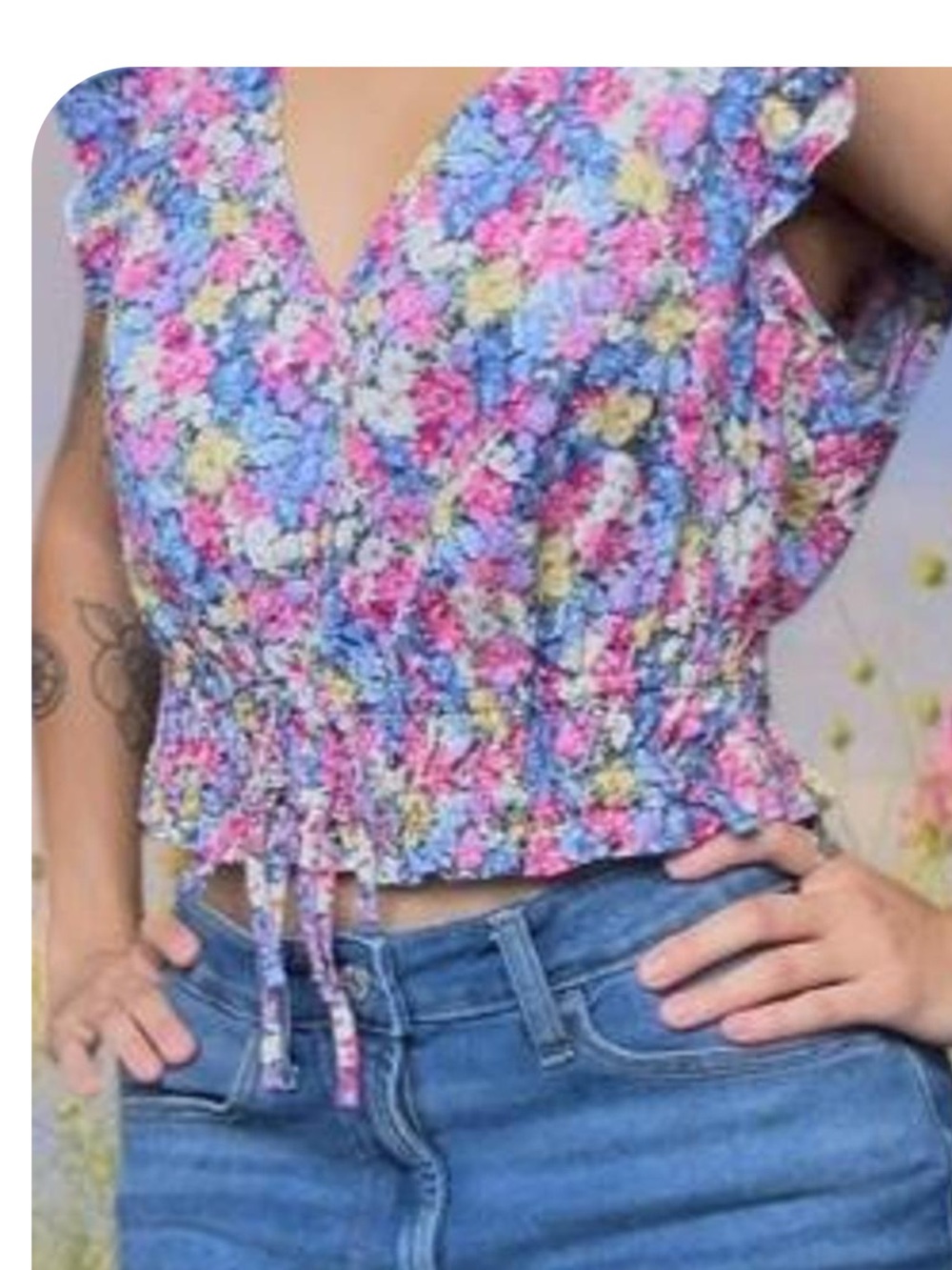 Old Navy Floral Smocked V-Neck Crop Top in Blue, Pink, Yellow